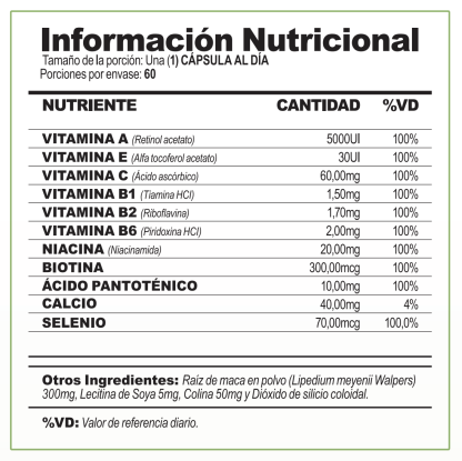 Información Nutricional MACA-LIFE 60 Cápsulas